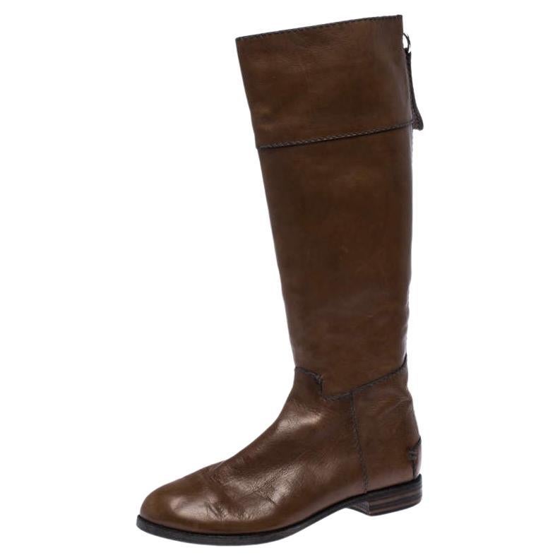 Chloe Brown Leather Knee Length Flat Boots Size 42 For Sale