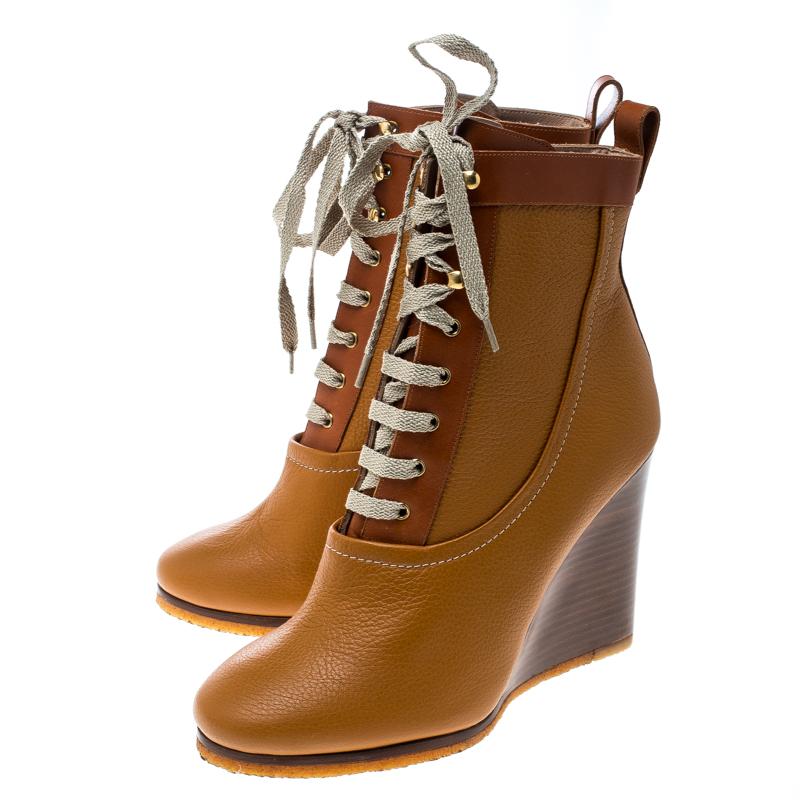Women's Chloe Brown Leather Lace Up Wedge Ankle Boots Size 38