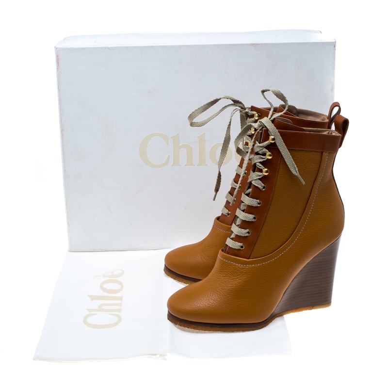 Chloe Brown Leather Lace Up Wedge Ankle Boots Size 38 4