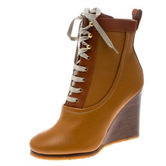 Chloe Brown Leather Lace Up Wedge Ankle Boots Size 38