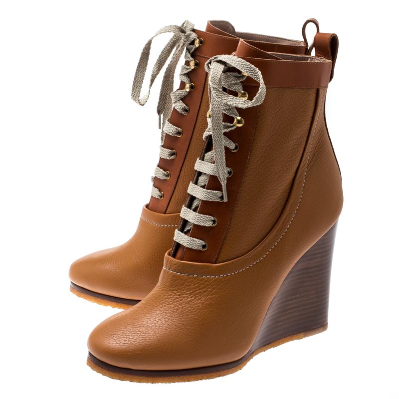 Chloe Brown Leather Lace Up Wedge Ankle Boots Size 38.5 3