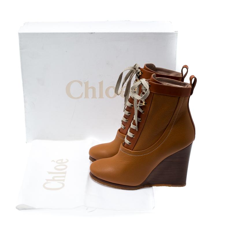 Chloe Brown Leather Lace Up Wedge Ankle Boots Size 38.5 4
