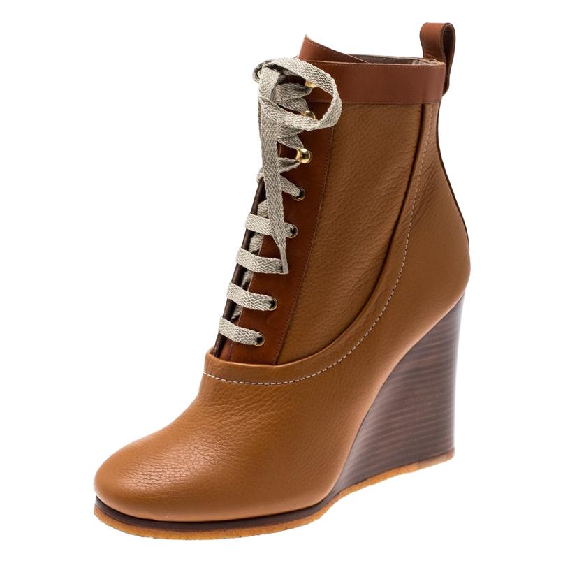 Chloé - Bottines compensées à lacets en cuir marron, taille 38,5
