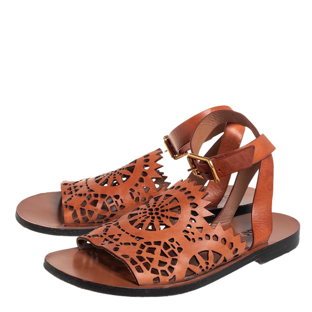 Chloe Brown Leather Laser Cut Ankle Strap Sandals Size 38.5 1