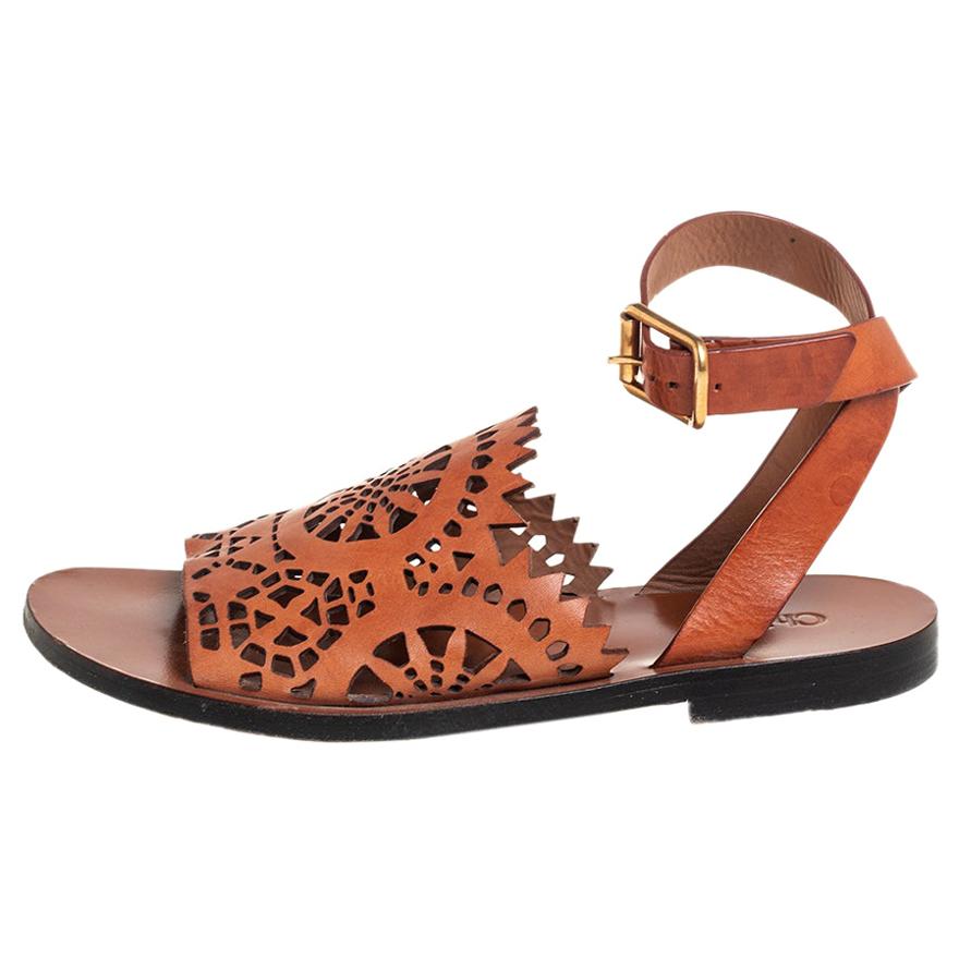 Chloe Brown Leather Laser Cut Ankle Strap Sandals Size 38.5