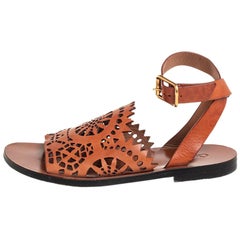 Chloe Brown Leather Laser Cut Ankle Strap Sandals Size 38.5