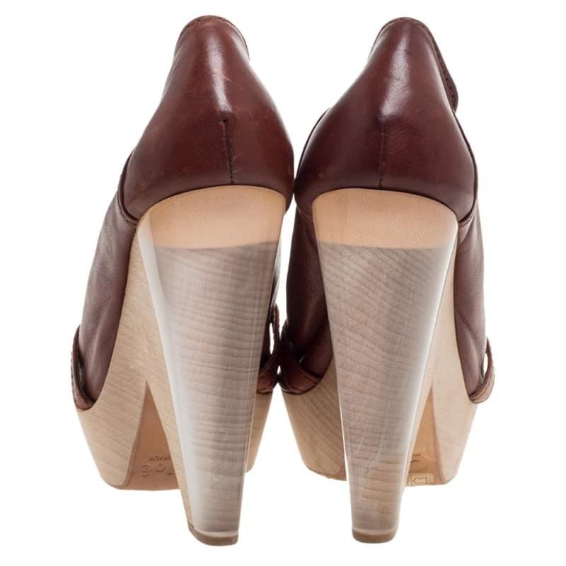 Chloe Brown Leather Lucite And Wood Chunky Heel Platform Peep Toe Pumps Size 37 1