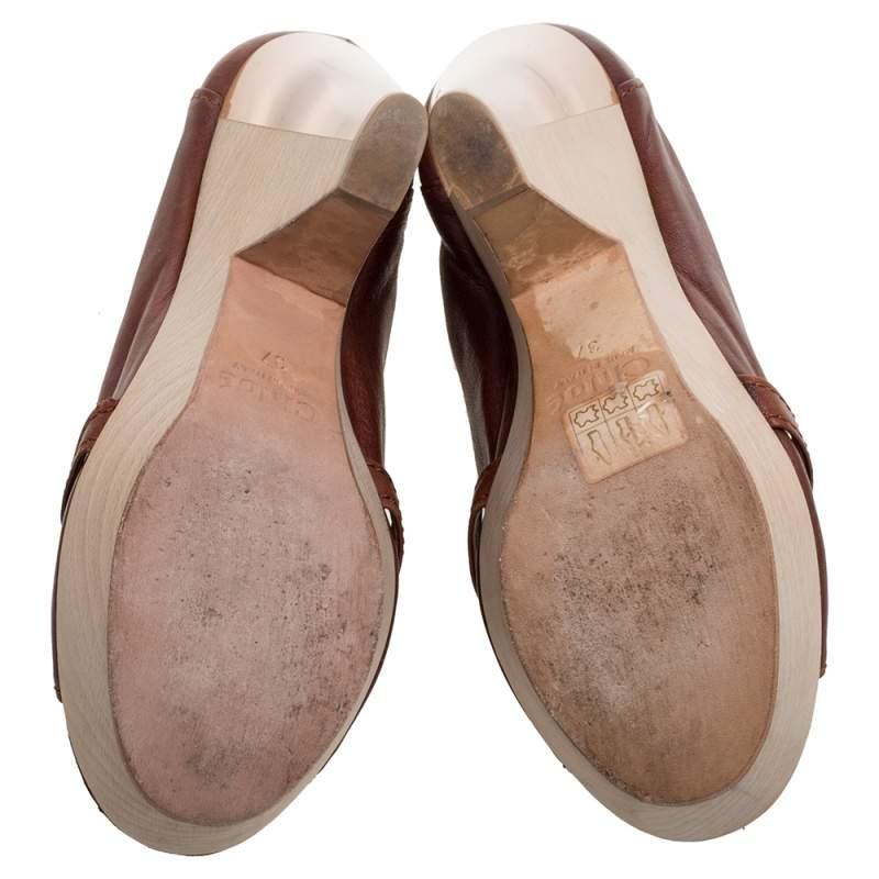 Chloe Brown Leather Lucite And Wood Chunky Heel Platform Peep Toe Pumps Size 37 2