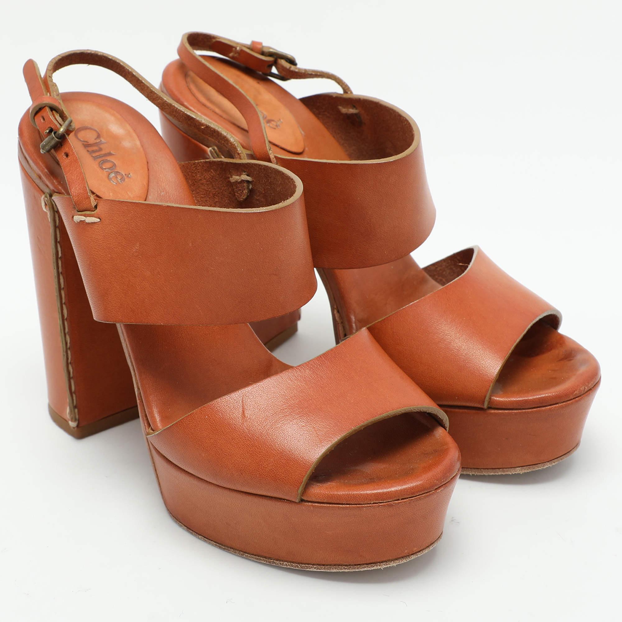 Women's Chloe Brown Leather Platform Ankle Strap Sandals Size 35.5 For Sale
