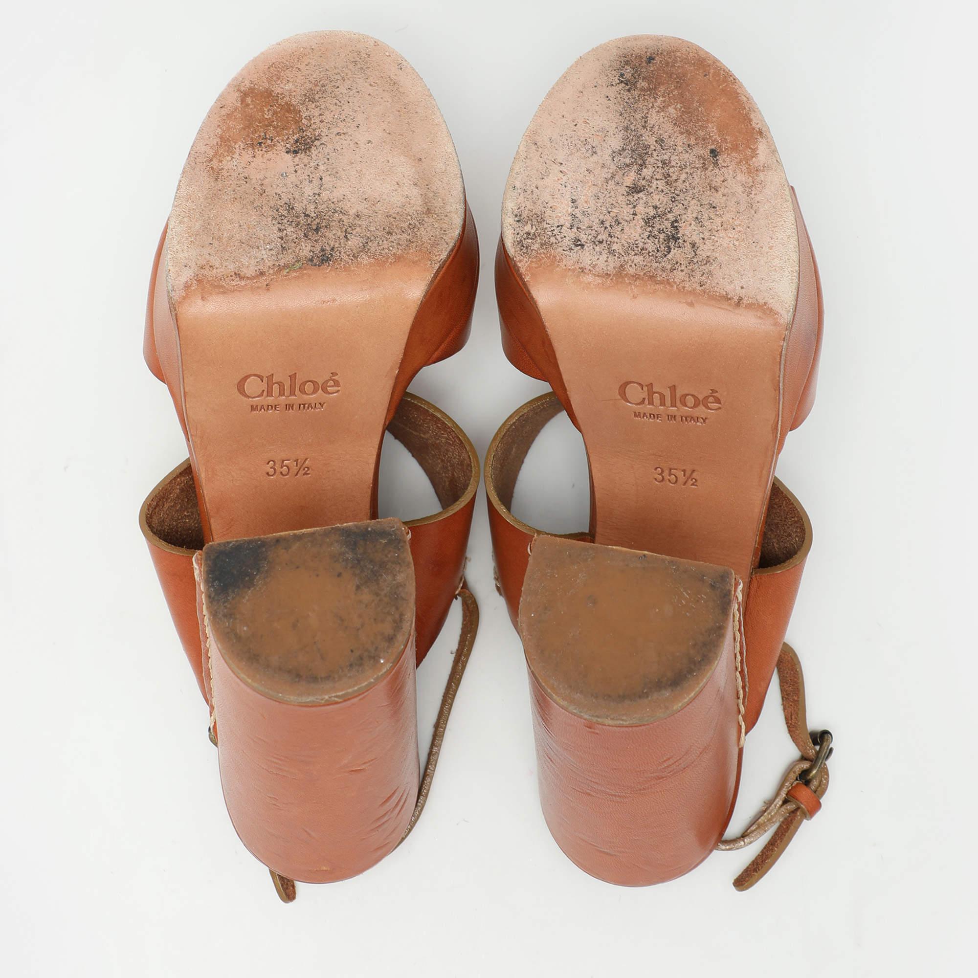 Chloe Brown Leather Platform Ankle Strap Sandals Size 35.5 For Sale 2