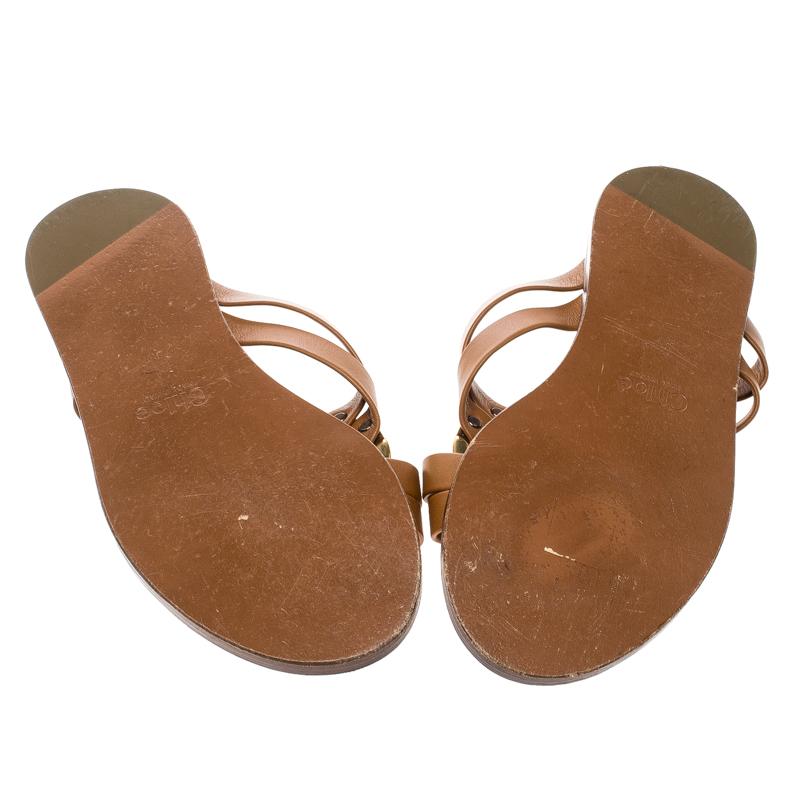 Women's Chloe Brown Leather Rony Crisscross Flat Sandals Size 37