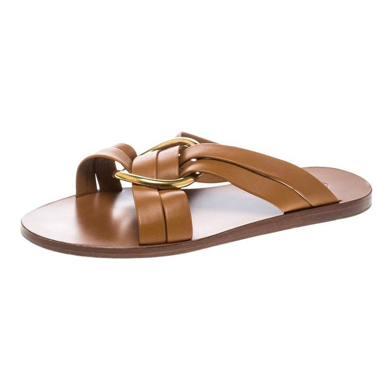 Chloe Brown Leather Rony Crisscross Flat Sandals Size 37