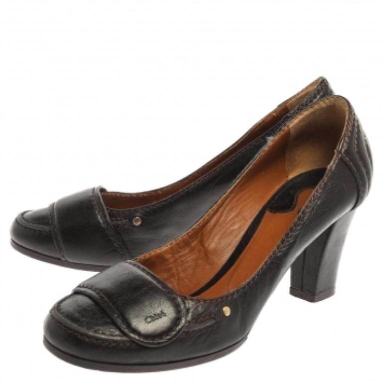 Black Chloe Brown Leather Round Toe Block Heel Pumps Size 37 For Sale