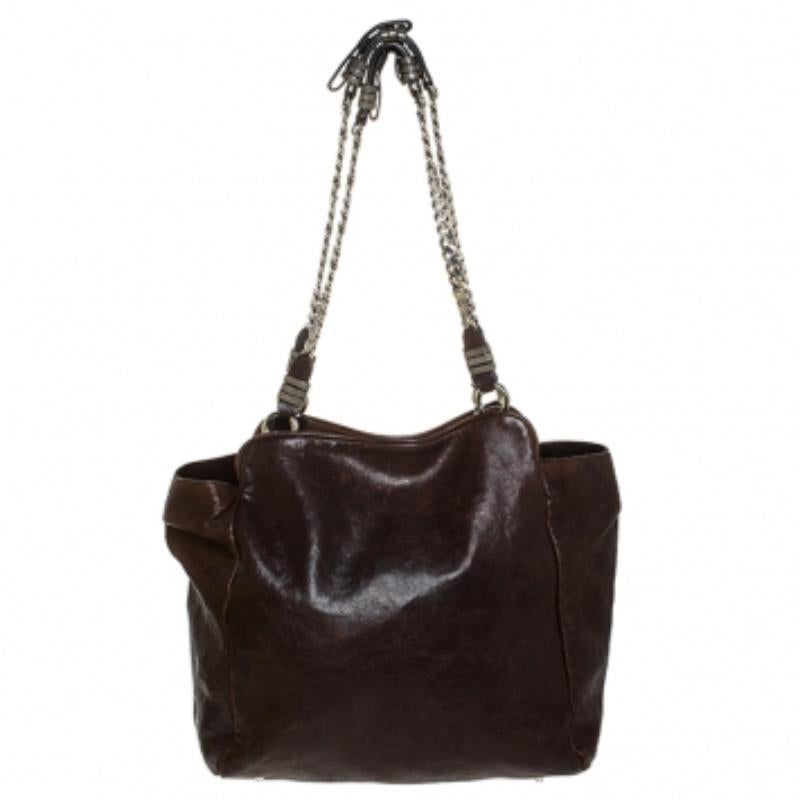 Chloe Brown Leather Vintage Chain Tote Negro en venta