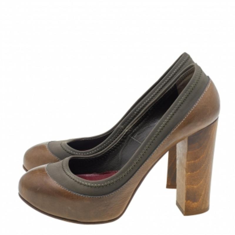 Chloe Brown/Olive Green Leather And Fabric Block Heel Platform Pumps Size 36 In Good Condition In Dubai, Al Qouz 2