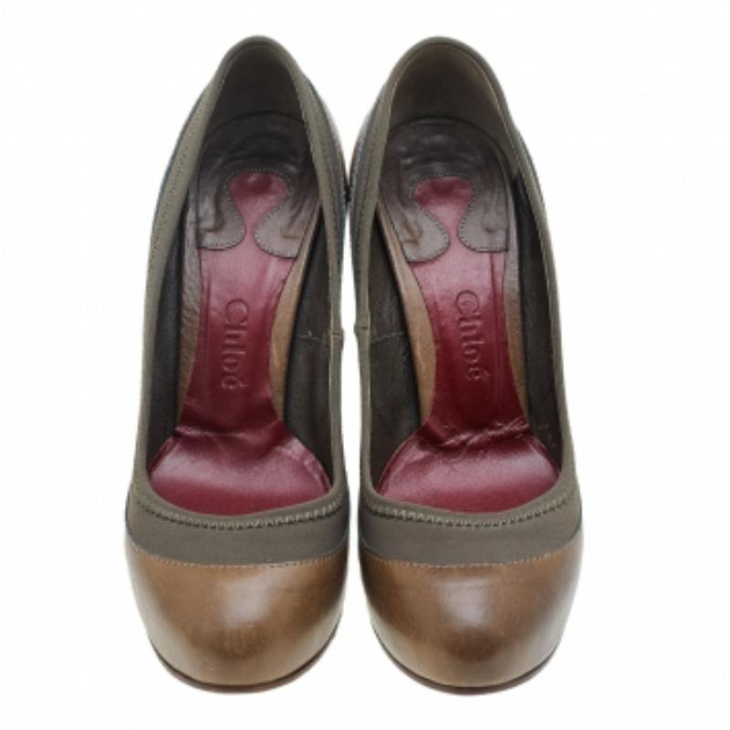 Chloe Brown/Olive Green Leather And Fabric Block Heel Platform Pumps Size 36 1