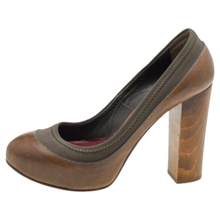 Chloe Brown/Olive Green Leather And Fabric Block Heel Platform Pumps Size 36