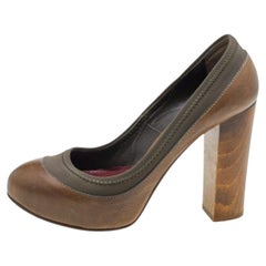 Chloe Brown/Olive Green Leather And Fabric Block Heel Platform Pumps Size 36