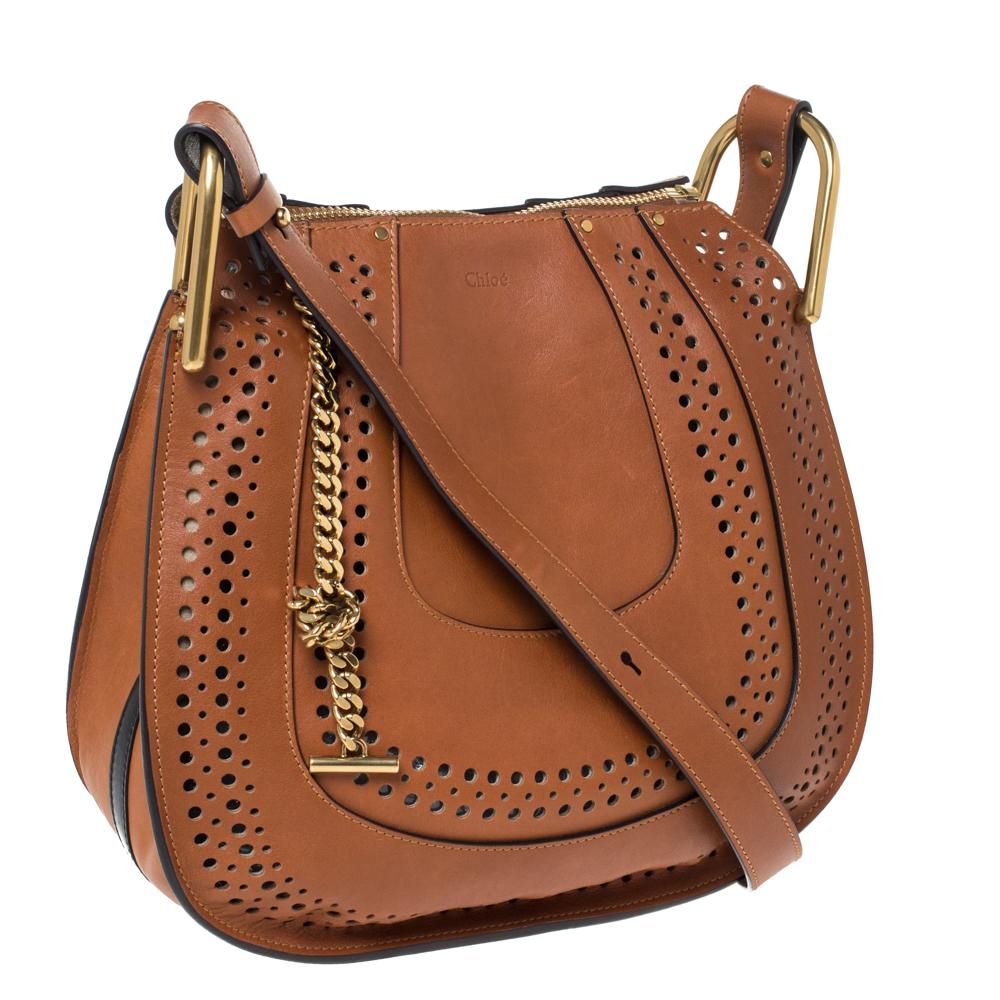 Women's Chloe Brown Perforated Leather Hayley Shoulder Bag