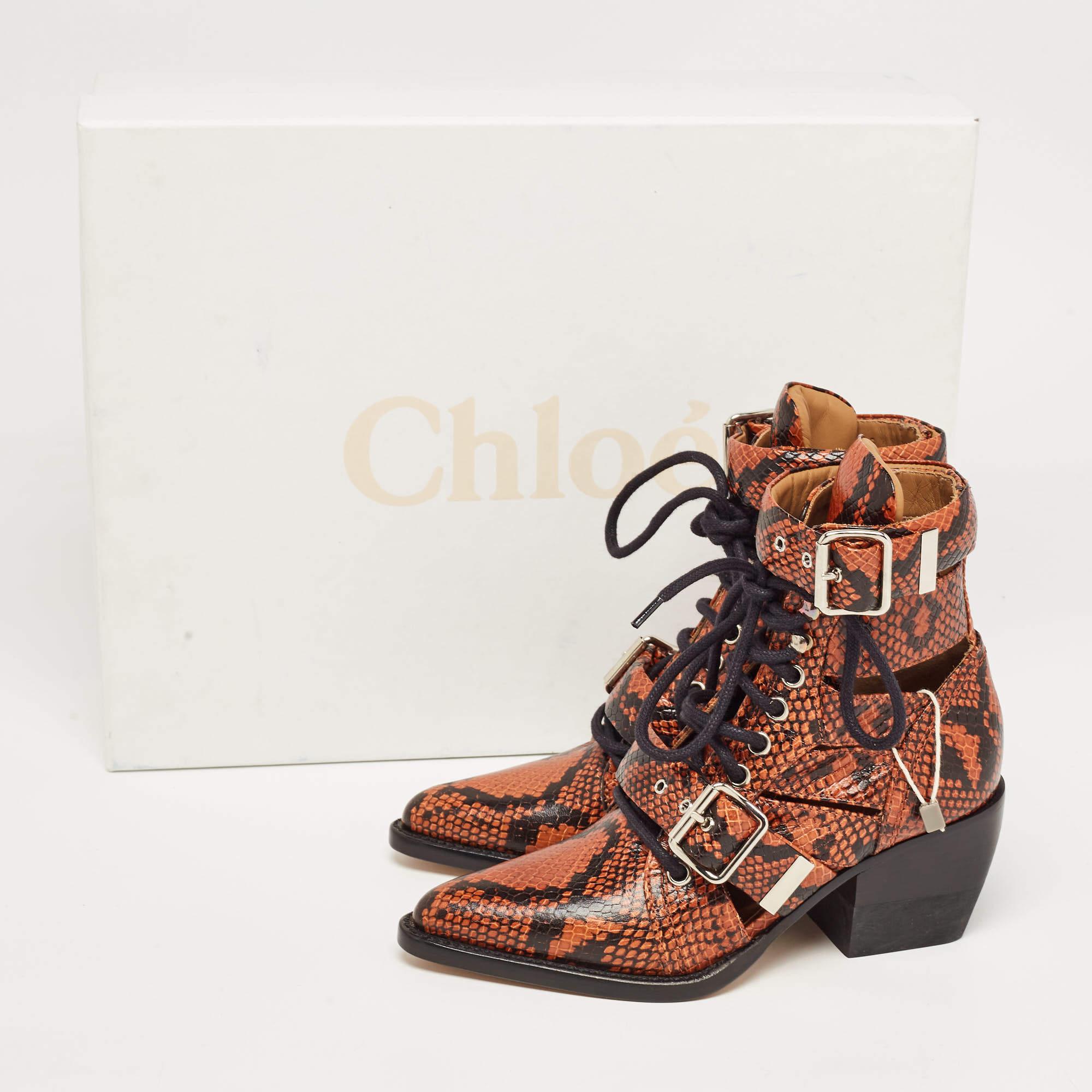 Chloe Brown Python Embossed Leather Rylee Ankle Boots Size 34.5 For Sale 3