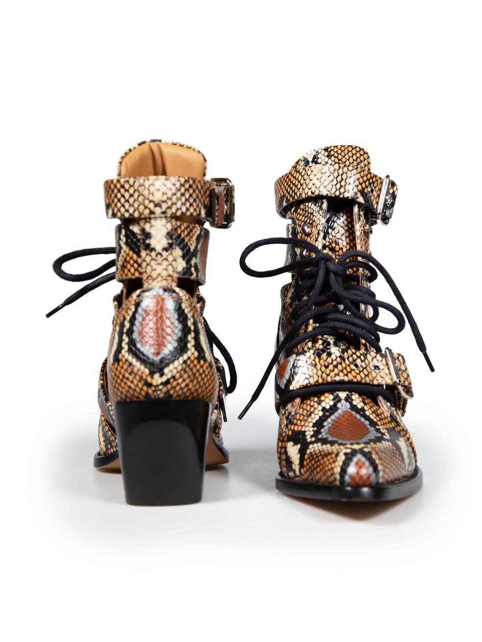Chloé Brown Snakeskin Embossed Lace Up Heels Size IT 38 In Excellent Condition In London, GB