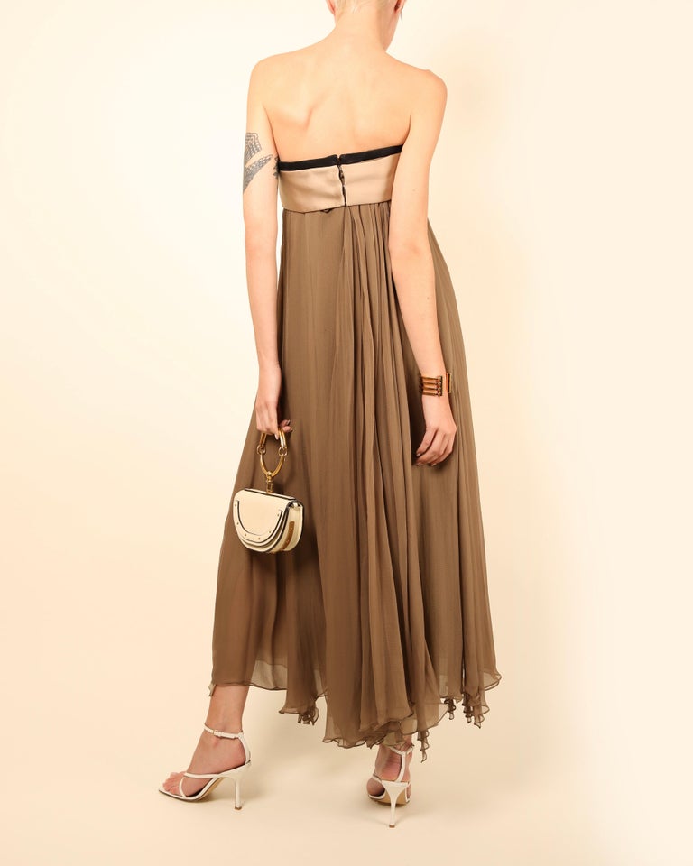 Chloe brown strapless corset bustier layered chiffon satin maxi dress gown  36