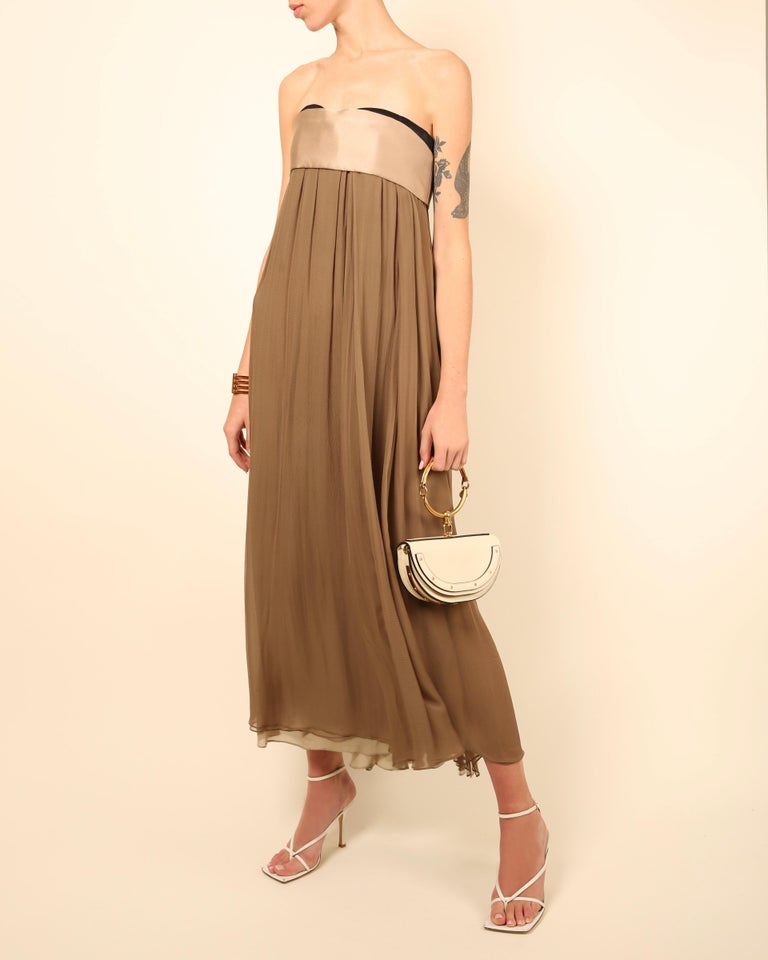 Chloe brown strapless corset bustier layered chiffon satin maxi dress gown  36 For Sale at 1stDibs | brown maxi dress, brown satin dress, brown long  dress