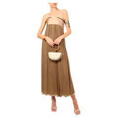 Chloe brown strapless corset bustier layered chiffon satin maxi dress gown 36