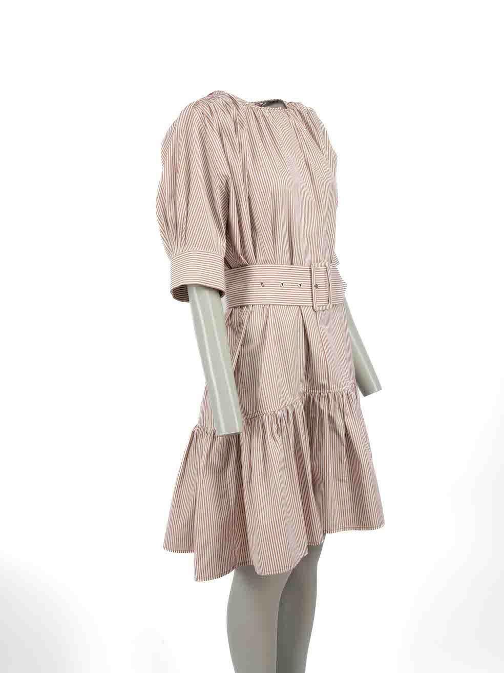CONDITION is Very good. Hardly any visible wear to dress is evident on this used Chlo√© designer resale item. Belt is included.
  
Details
Brown
Cotton
Dress
White striped pattern
3/4 Length sleeves
Gathered cuff and hem
Round neck
Cut out shoulder