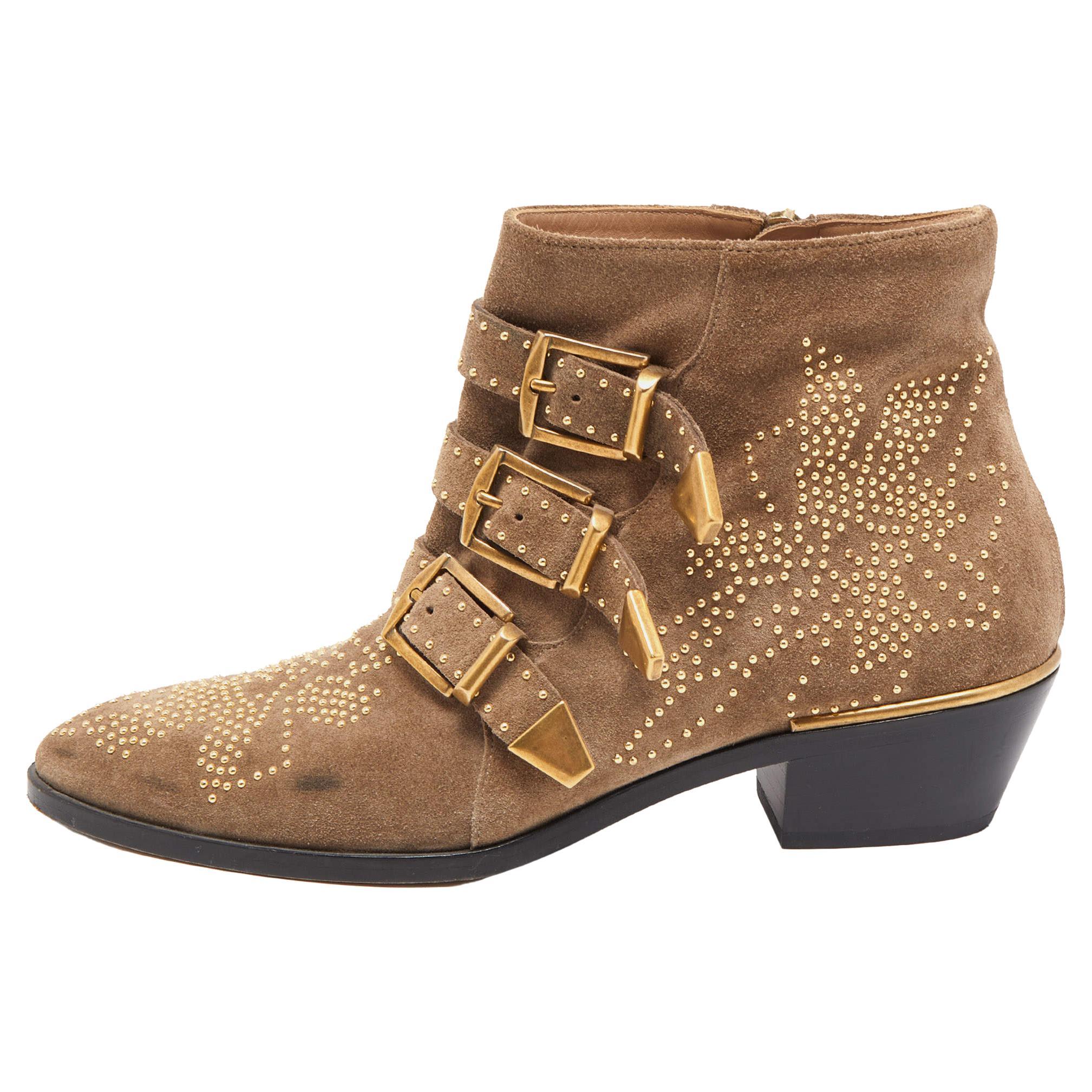 Louis Vuitton Brown Suede And Leather Embellished Ankle Boots Size 38 For  Sale at 1stDibs