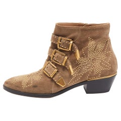 Chloe Brown Studded Suede Susanna Ankle Boots Size 38.5