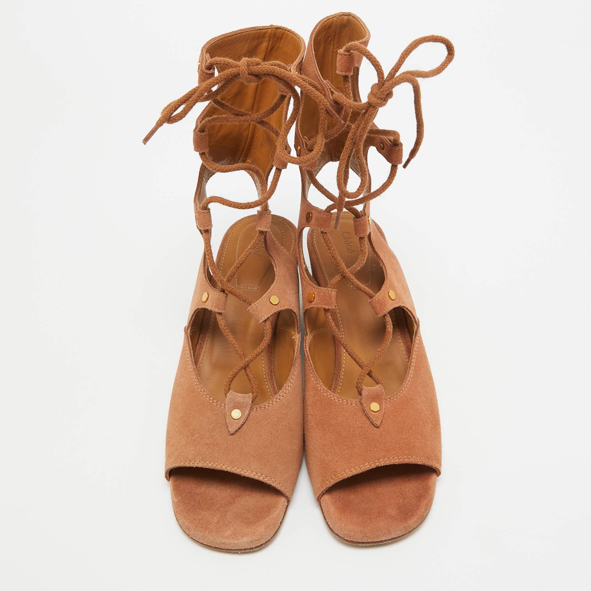 Marron Chloe Brown Suede Caged Tie Up Ghillie Wedge Sandals Size 39 (Sandales à talons compensés en daim avec cage)