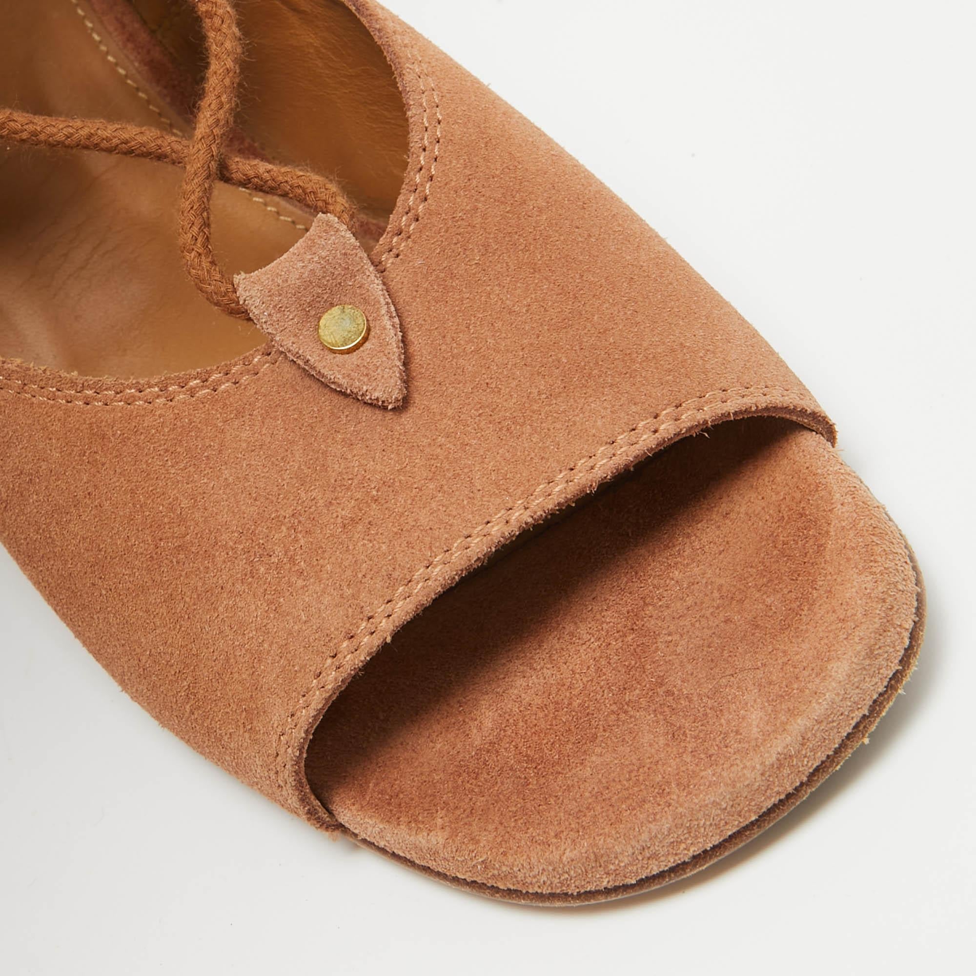 Chloe Brown Suede Caged Tie Up Ghillie Wedge Sandals Size 39 (Sandales à talons compensés en daim avec cage) 2