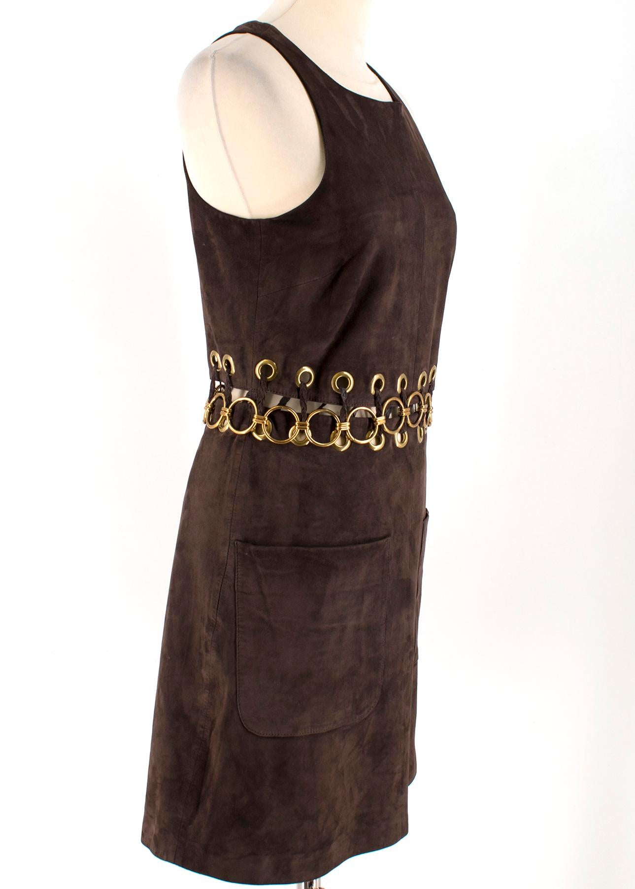 Chloe Brown Suede Eyelet Cut-Out Mini Dress

-Brown, 100% lambskin leather
-Sleeveless
-Gold Circular hardware at waist with openings
-Two functional front pockets
-Concealed zip back closure
-100% cotton lining

Please note, these items are
