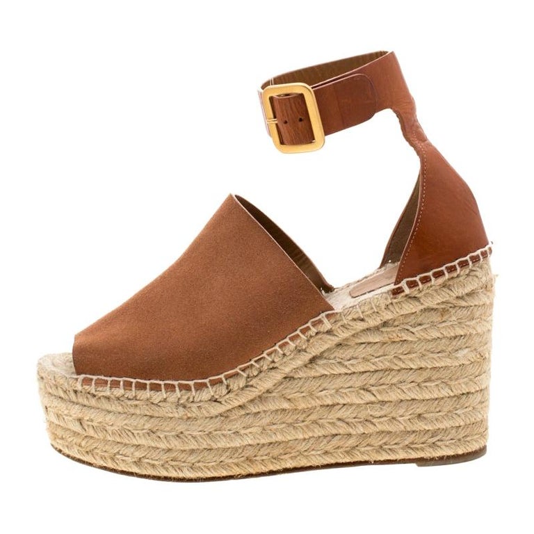 Chloe Brown Suede Leather Espadrille Ankle Strap Wedge Platform Sandals  Size 38 For Sale at 1stDibs