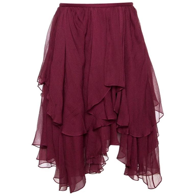 Chloé Burgundy Georgette Silk Asymmetric Layered Mini Skirt M