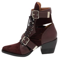 Used Chloe Burgundy Leather and Suede Rylee Ankle Boots Size 36.5