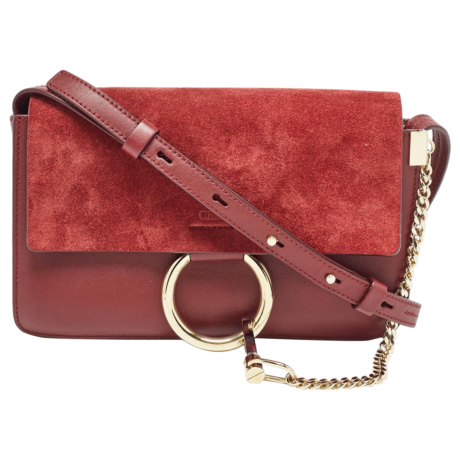 Chloe Burgundy Leather and Suede Small Faye Shoulder Bag