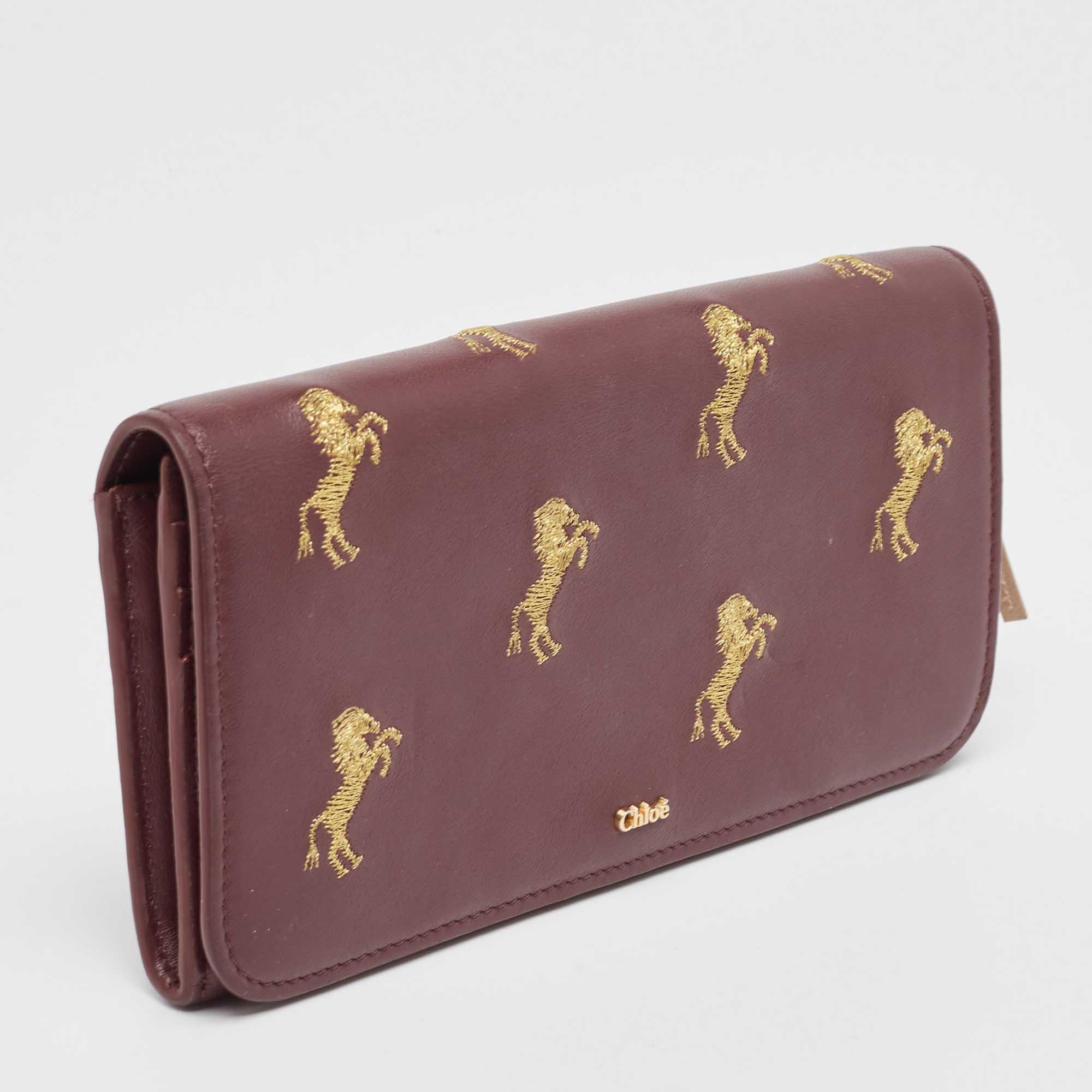 Women's Chloe Burgundy Leather Horse Embroidered Flap Continental Wallet For Sale