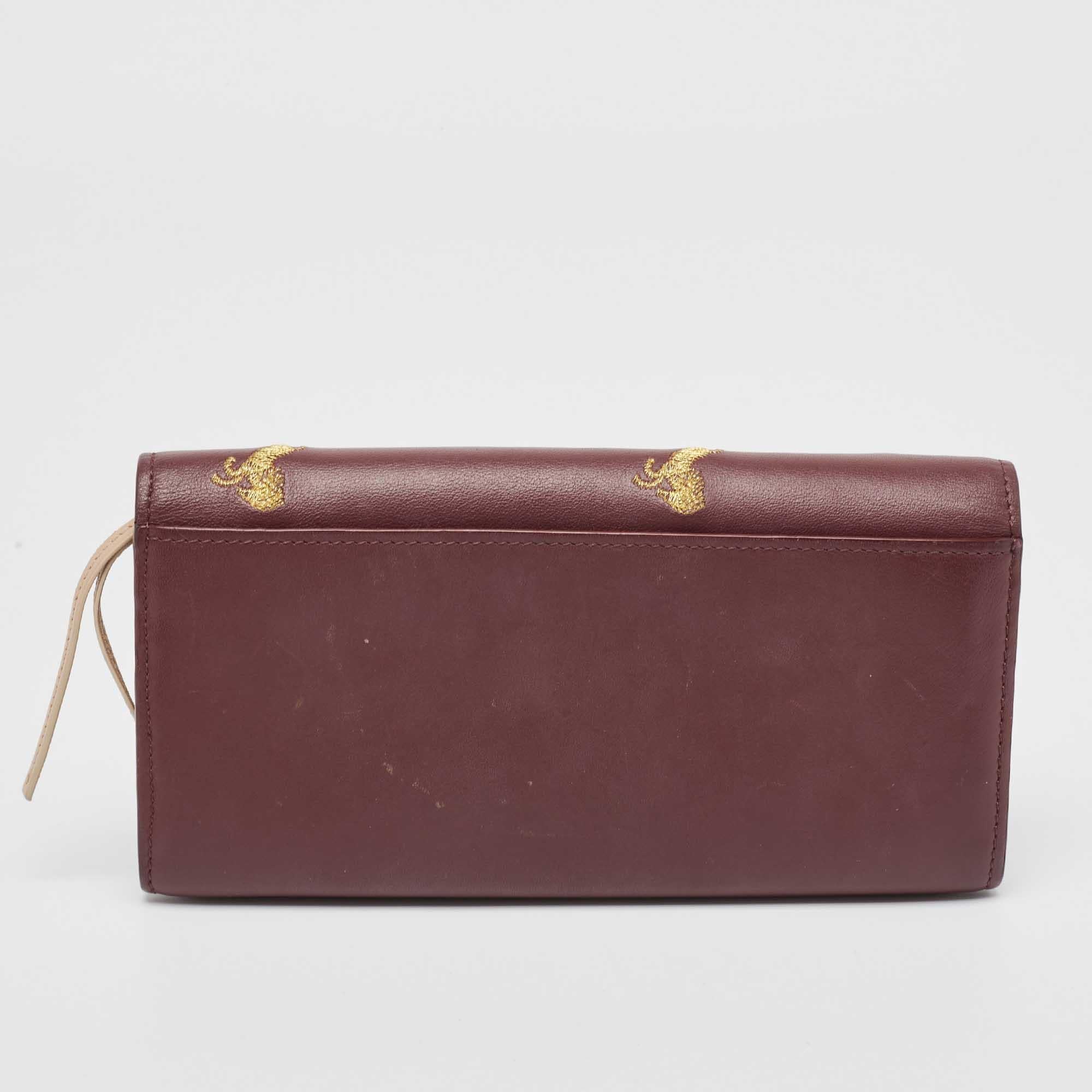 Chloe Burgundy Leather Horse Embroidered Flap Continental Wallet For Sale 1