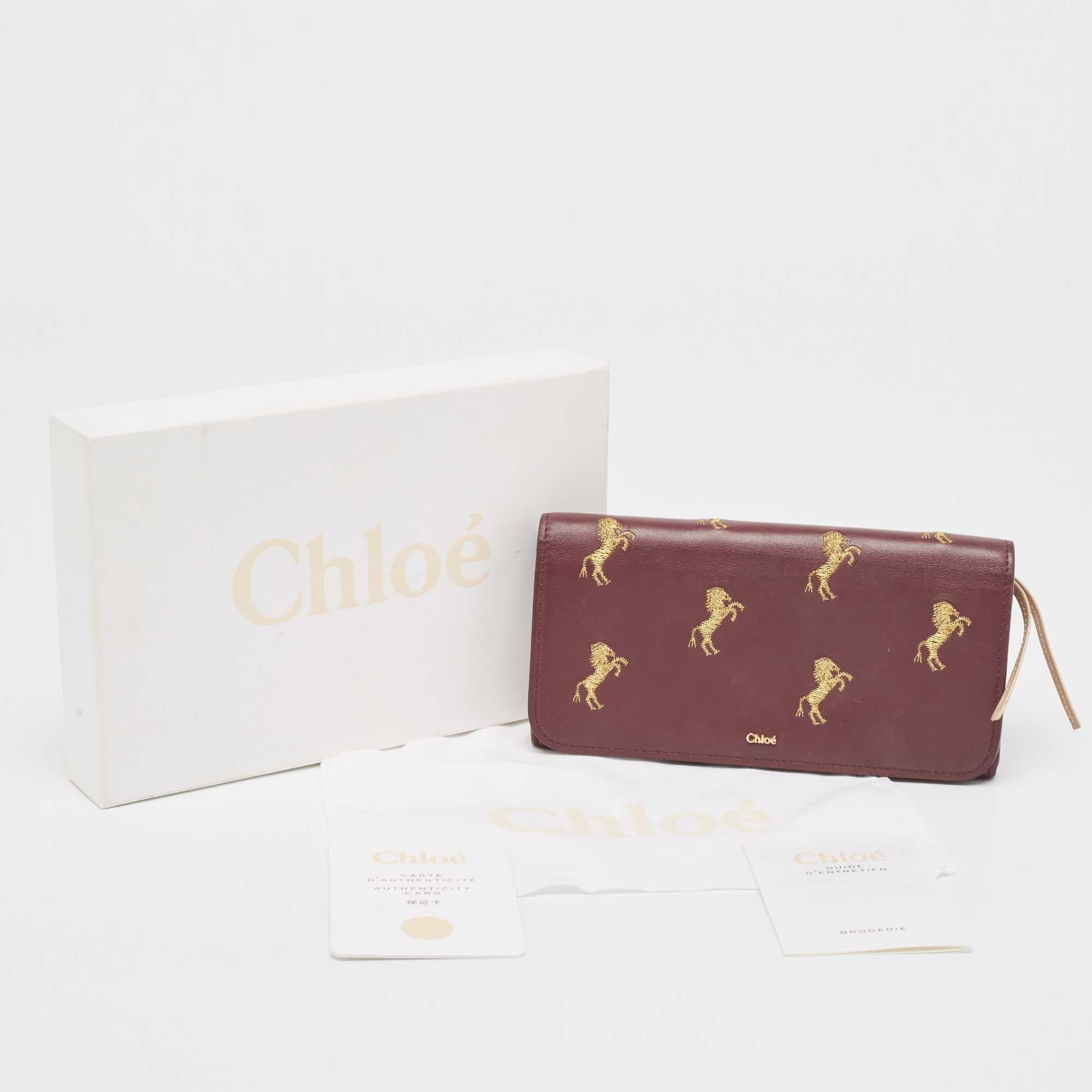 Chloe Burgundy Leather Horse Embroidered Flap Continental Wallet For Sale 3