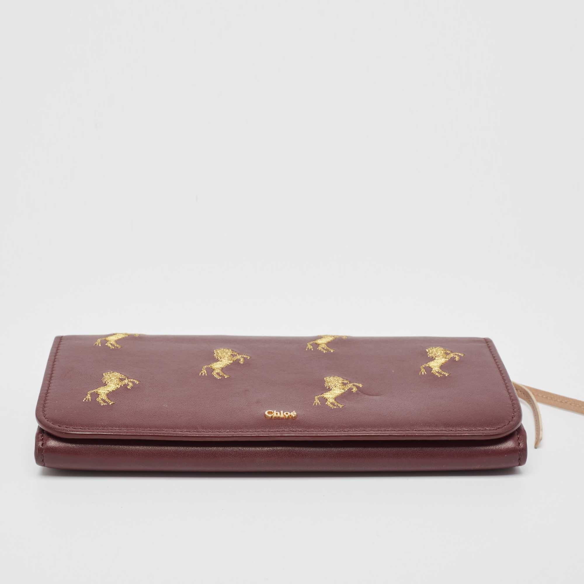 Chloe Burgundy Leather Horse Embroidered Flap Continental Wallet For Sale 4