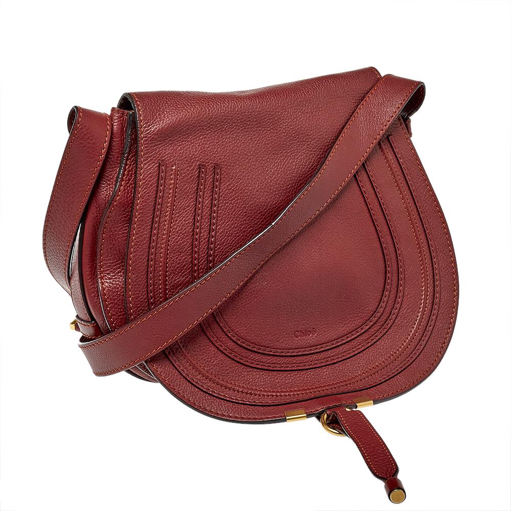 Chloe Burgundy Pebbled Leather Marcie Crossbody Bag In Fair Condition In Dubai, Al Qouz 2