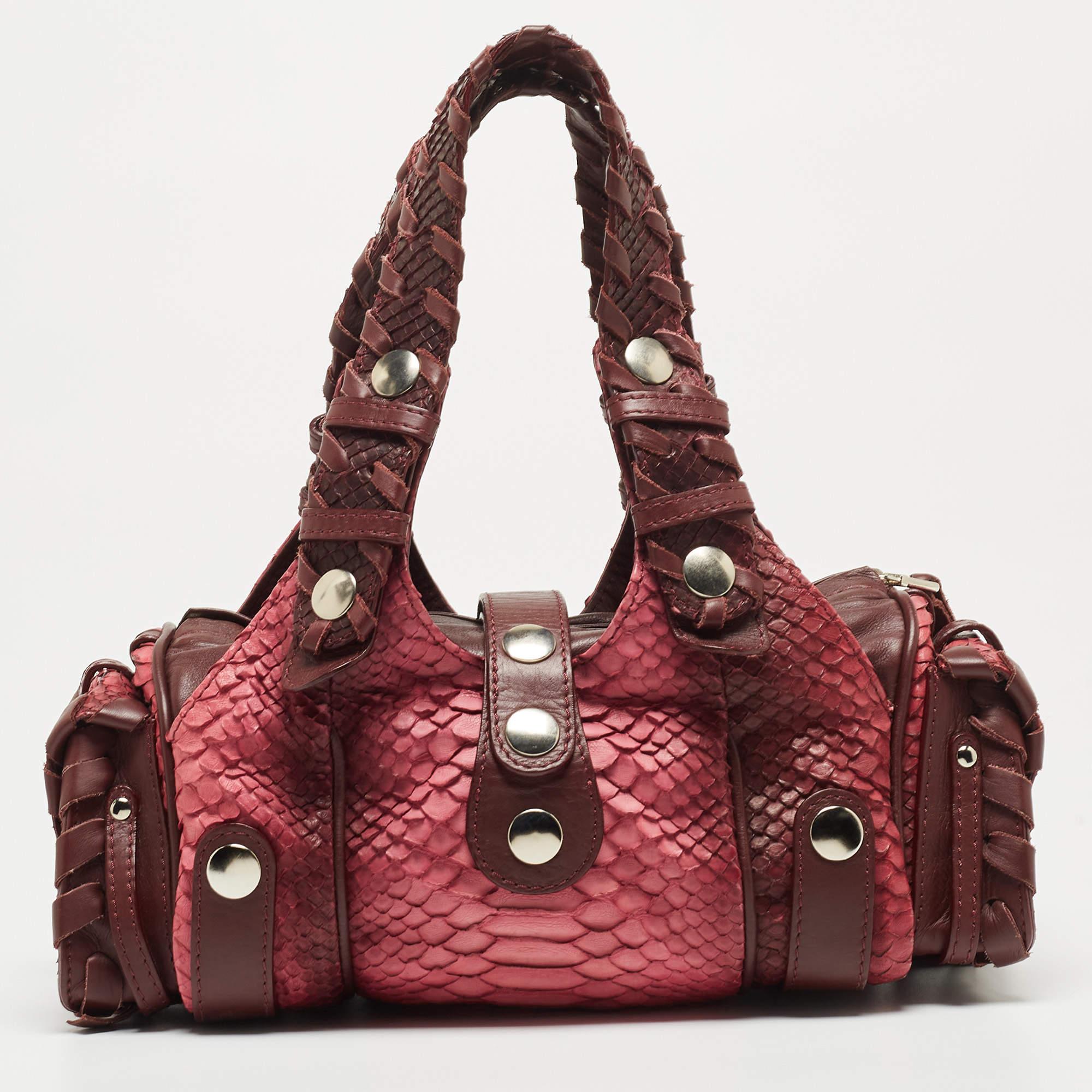 Brown Chloe Burgundy/Pink Python and Leather Silverado Satchel