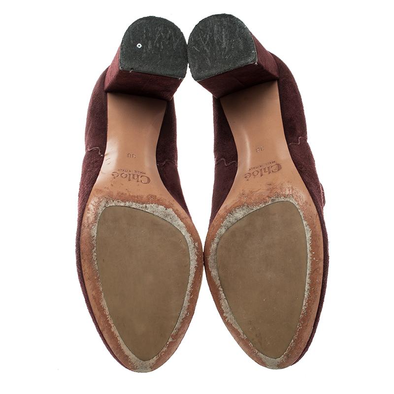 Black Chloe Burgundy Suede Lauren Block Heel Ankle Boots Size 38