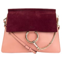 CHLOE burgundy suede & pink leather FAYE MEDIUM Shoulder Bag