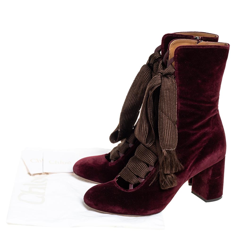 Black Chloe Burgundy Velvet Harper Mid Calf Boots Size 41
