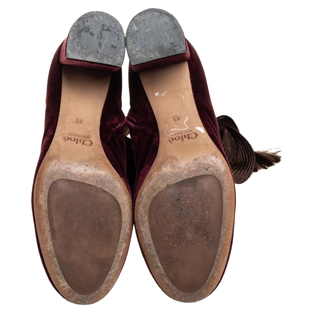 Chloe Burgundy Velvet Harper Mid Calf Boots Size 41 In Good Condition In Dubai, Al Qouz 2