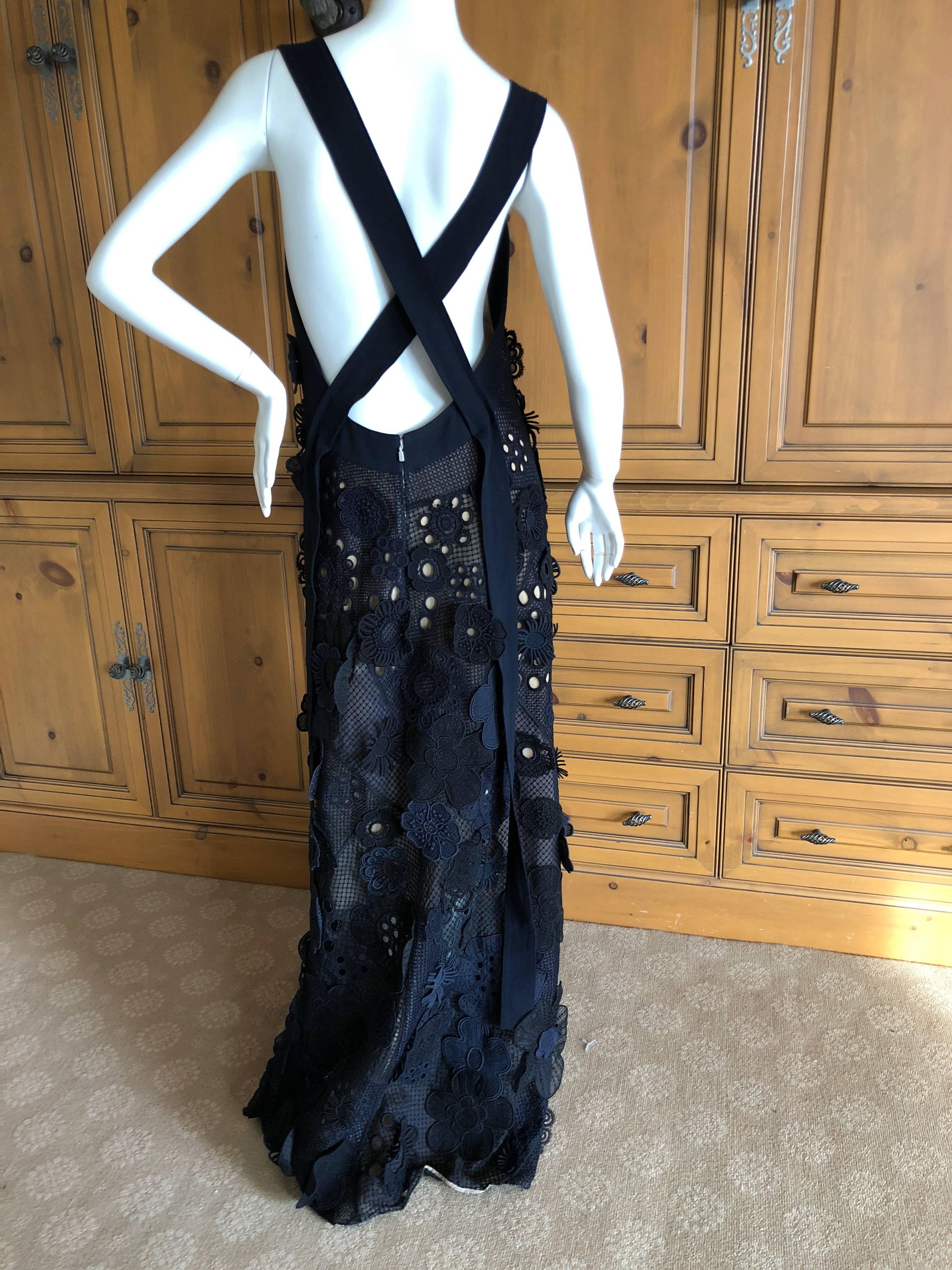 Chloe by Clare Waight Keller Spring 2017 Sheer Lace Florette Dress.
Navy blue and black, please use the zoom feature to see all the details
 NWT $9000  
This is so beautiful, romantic guipure lace flowers adorn this cross back evening dress.
Perfect