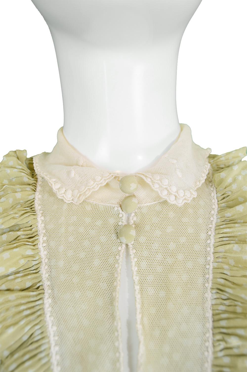 Beige Chloe by Karl Lagerfeld 1970s Vintage Pastel Green Ruffled Silk & Lace Dress